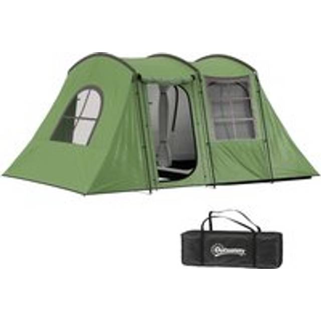Outsunny 3-4 Man Tunnel Tent, Family Camping Tent with Porch, Bedroom and Living Area, Sewn in Groundsheet, 3000mm Waterproof, Portable with Bag for Hiking, Festival, Backpacking, Green