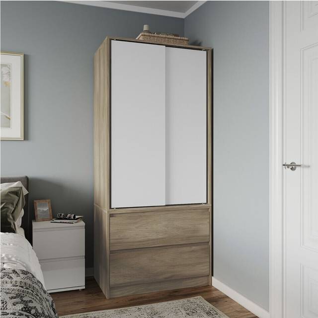 (Oak Carcass with White Doors) 2 Sliding Doors Wardrobe 2 Drawer Clothes Cupboard
