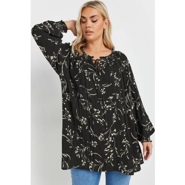 Yours Curve Black Floral Tie Neck Pintuck Top, Women's Curve & Plus Size, Yours - 26-28