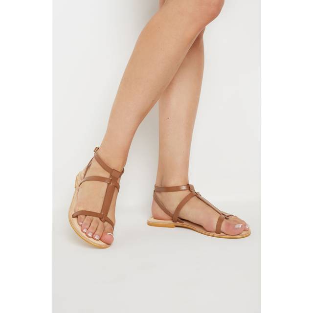 Lts Tan Brown Leather Cross Strap Flat Sandals In Standard Fit Standard > 8 Lts | Tall Women's Sandals - Standard 8
