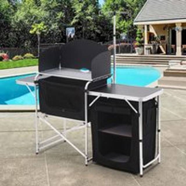 Livingandhome Aluminum Camp Kitchen with Zippered Storage and Camp Tables, Black