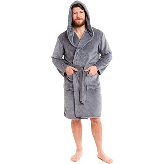 Men's Ultra-Soft Hooded Flannel Fleece Bathrobe Warm Plush Dressing Gown for Home Spa Gym Hotel by Daisy Dreamer, X LARGE / GREY
