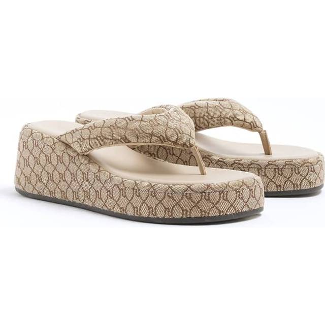 River Island Womens Beige Monogram Flip Flop Wedge Sandals - 6
