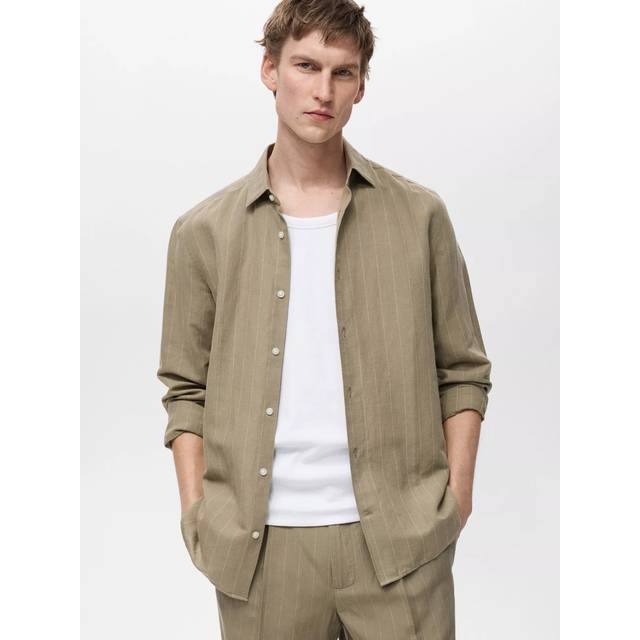 Mango Rug Stripe Linen Cotton Blend Regular Fit Shirt, Khaki