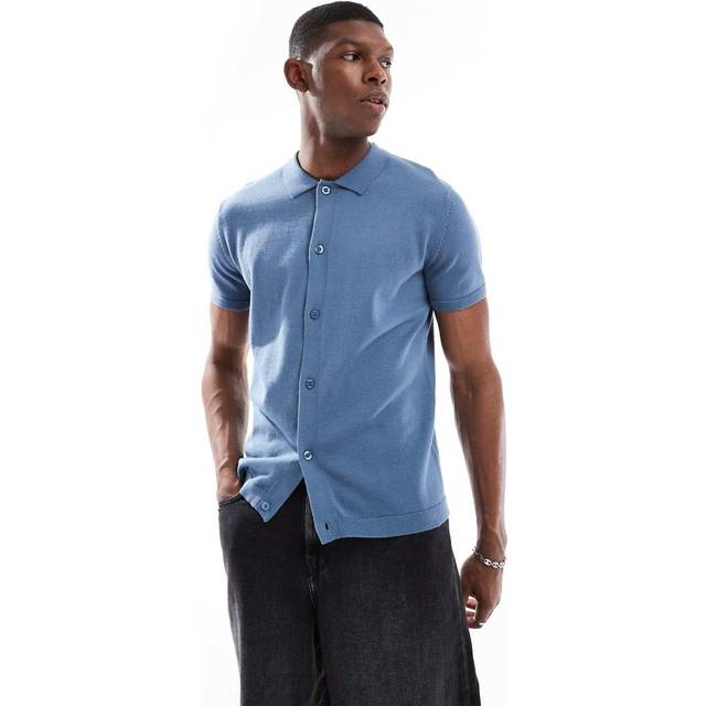 New Look Men's Blue Regular Lightweight Knit Button Up Top - L