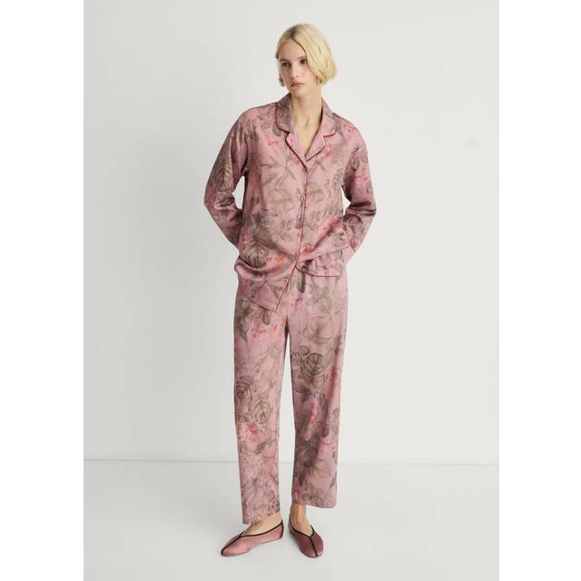 Mango – Rosa pyjamasskjorta i satin med växttryck, del av set