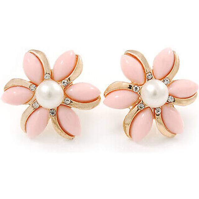 Baby pink acrylic, crystal flower stud earrings in gold tone - 20mm d