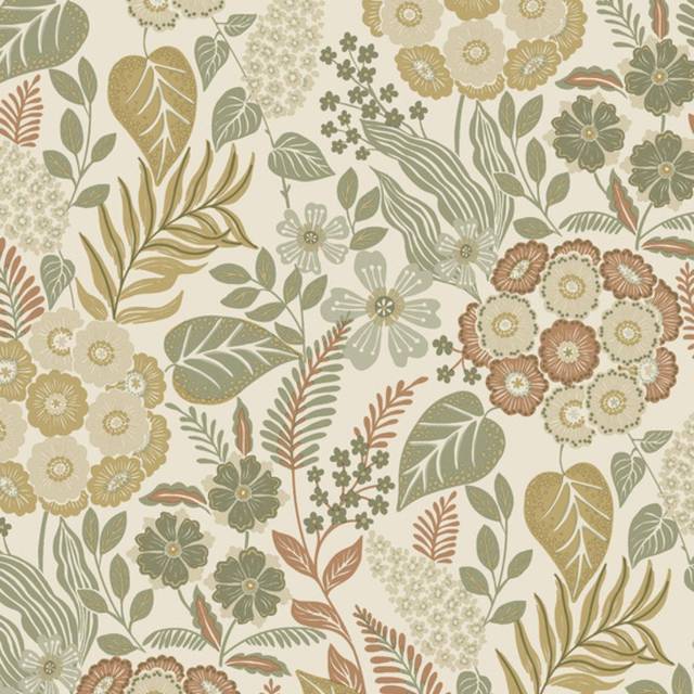 Grandeco Retro Mid Century Floral Textured Wallpaper, Green Orange, Green