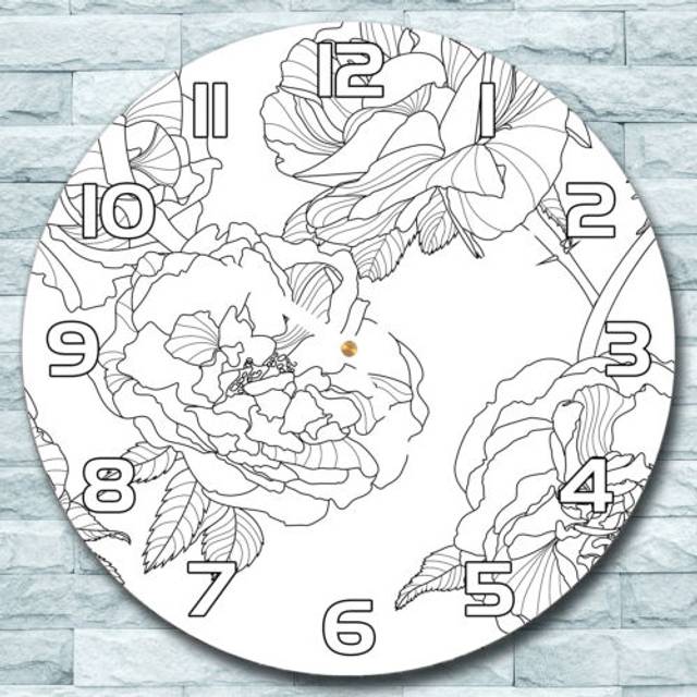 Glass wall clock round fi 30 roses black and white outlines elegant decor home