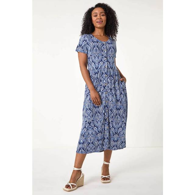 Roman Petite Blue Paisley Button Front Dress - Size 14