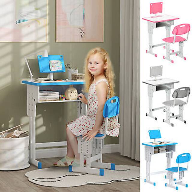 Kids desk and chair set height adjustable study table w/ storage book stand