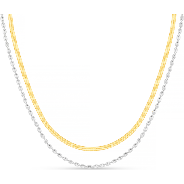 Mixed Plate Snake & Bead Chain 2 Row Necklace - Orelia - Gold