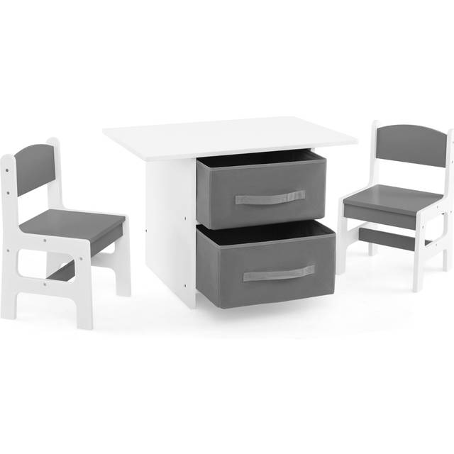 Costway Toddler Wooden Activity Table & 2 Chairs Set With 2 Fabric Storage Bins-grey, Grey