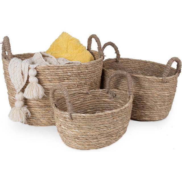 Natural straw woven storage basket, home organisation hamper basket with handles