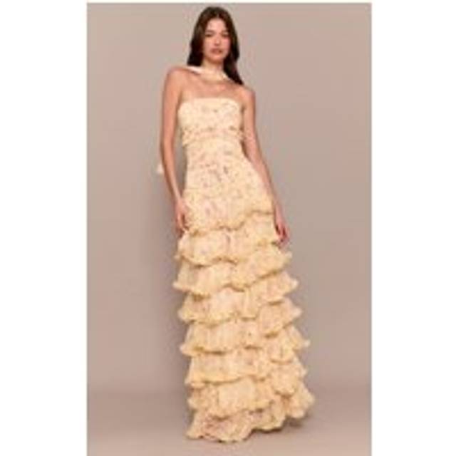 Pastel Yellow Chiffon Ditsy Floral Print Tiered Frill Maxi Dress, Yellow - 10