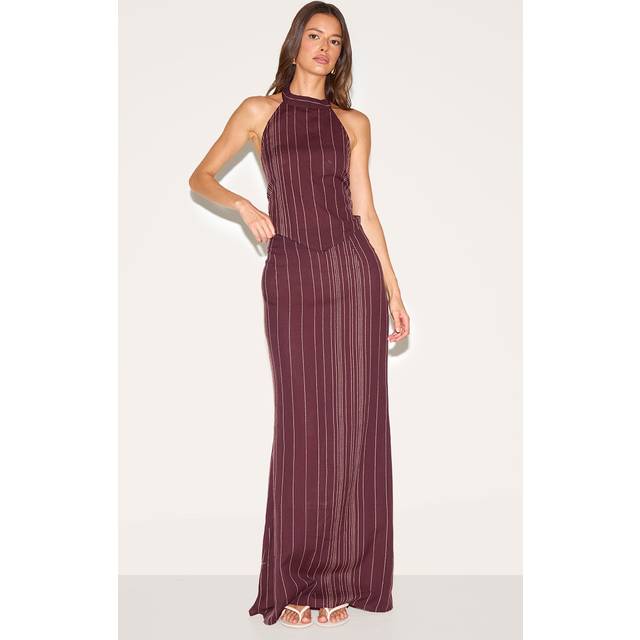 Dark Brown Embroidered Stripe Maxi Skirt, Dark Brown - 12