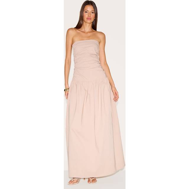 Sand Stretch Woven Bandeau Ruched Maxi Dress, Sand - 10