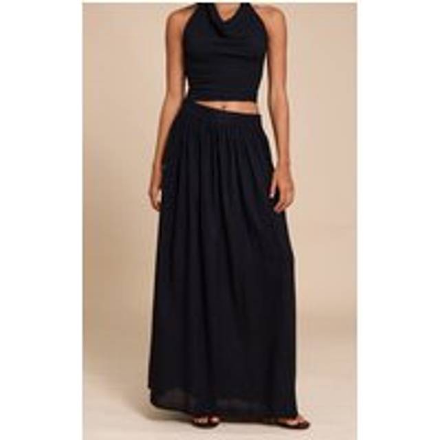 Black Pleated Linen Look Maxi Skirt, Black - 4