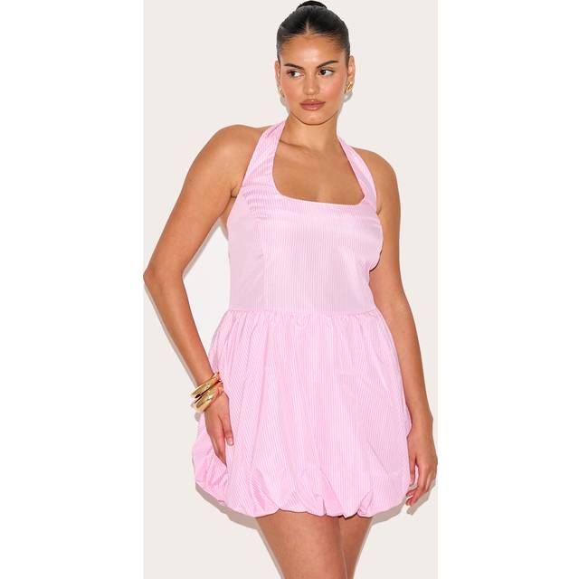 Plus Pink Pinstripe Halterneck Puffball Dress, Pink - 26