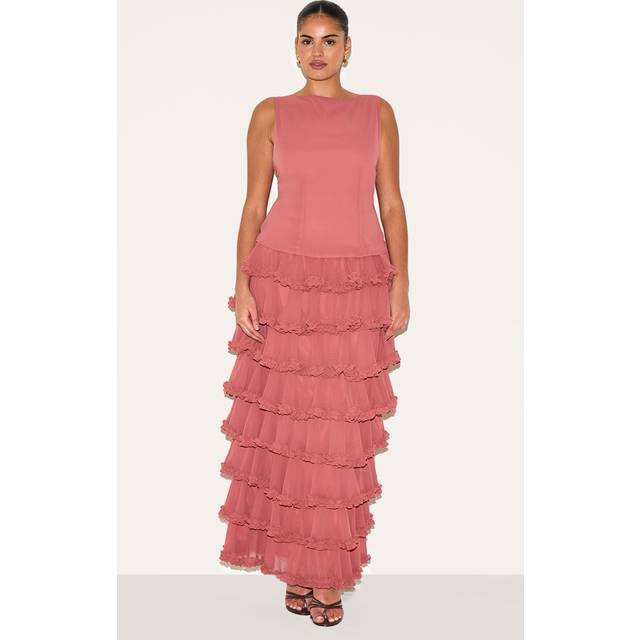 Plus Blush Rose Chiffon Tiered Frill Maxi Skirt, Blush Rose - 28