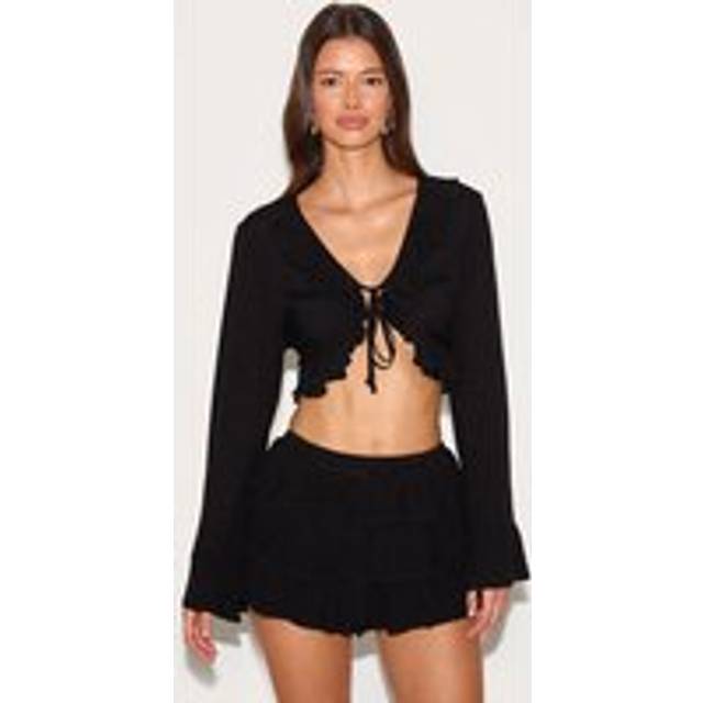 Black Cheesecloth Ruffle Tie Front Long Sleeve Top, Black - 10