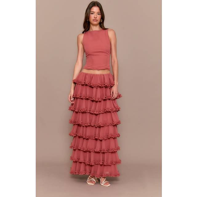 Blush Rose Chiffon Tiered Frill Maxi Skirt, Blush Rose - 6