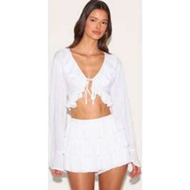 White Cheesecloth Ruffle Mini Skort, White - 4