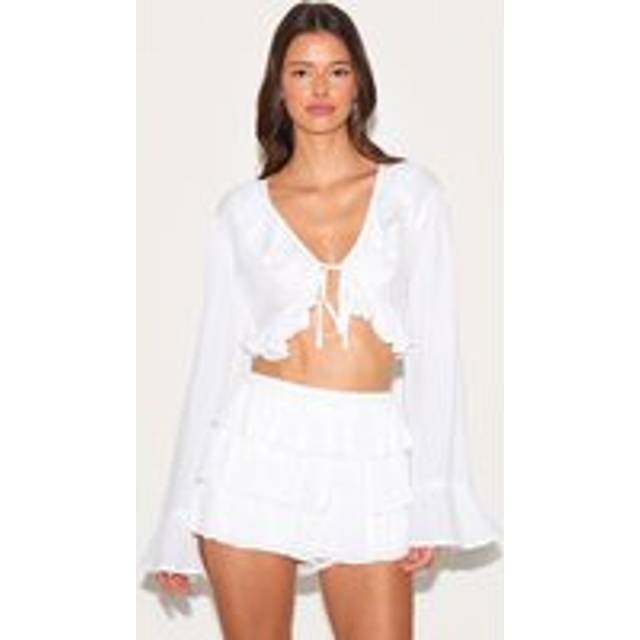 White Cheesecloth Ruffle Tie Front Long Sleeve Top, White - 4