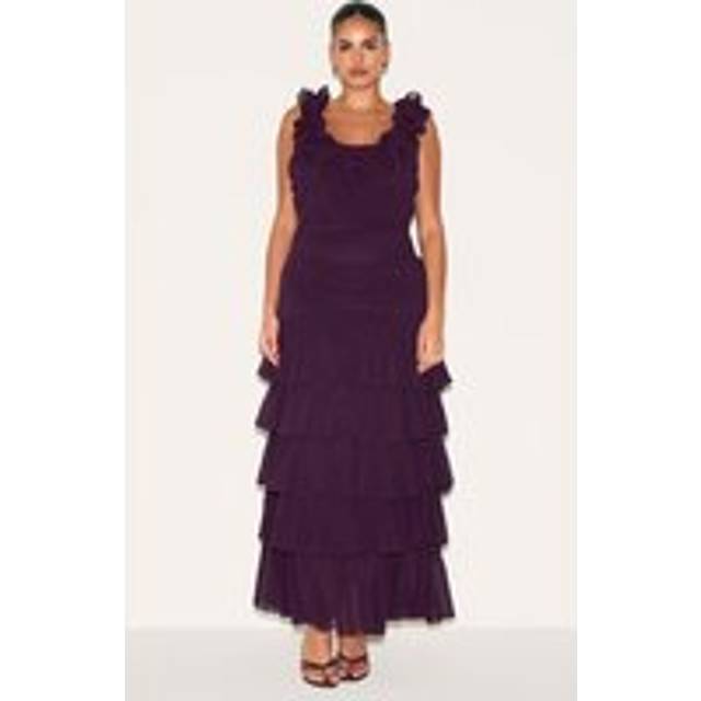 Plus Wine Chiffon Ruched Ruffle Maxi Dress, Red - 20