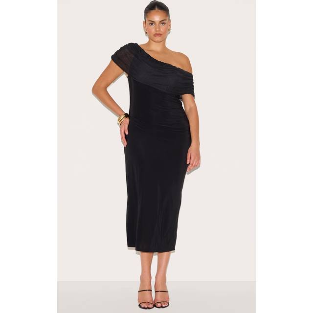 Plus Black Double Layer Slinky Mesh Overlay Maxi Dress, Black - 22