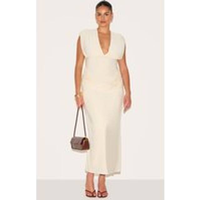 Plus Cream Double Layer Plunge Ruched Shoulder Drape Waist Maxi Dress, White - 18