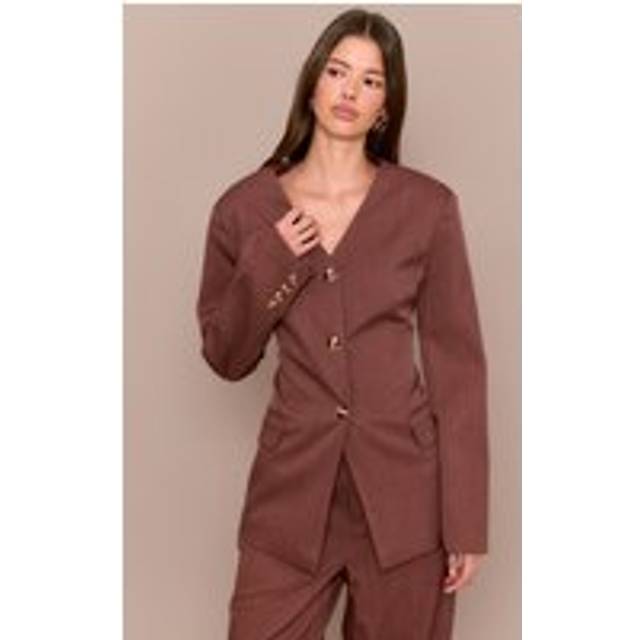 Chestnut Premium Tailored Collarless Button Up Fitted Blazer, Chestnut - 12