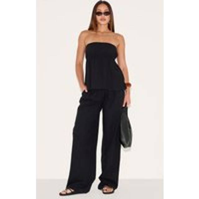 Tall Black Linen Look Floaty Wide Leg Trousers, Black - 10