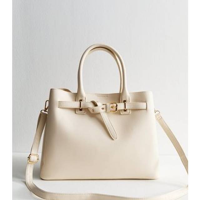New Look Cream Faux Leather Buckle Strap Triple Compartment Tote Bag