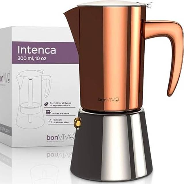 bonVIVO Moka Pot - 6 Cup Intenca Stainless Steel Espresso Maker w/Copper Finish - Stove Top Italian Coffee Maker - 300ml Coffee Pot - Gifts for Men