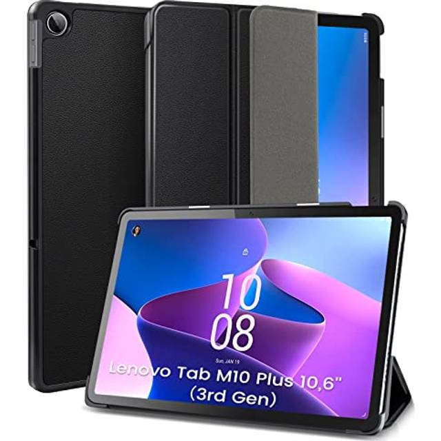 DLveer fodral för Lenovo Tab M10 Plus (3:e gen) 26,9 cm 10,6 tums surfplatta modell: TB125FU/TB128FF, trippelvikt vikbart smalt PU-läder smart skyddsfodral med automatisk sömn/väckningsfunktion, svart