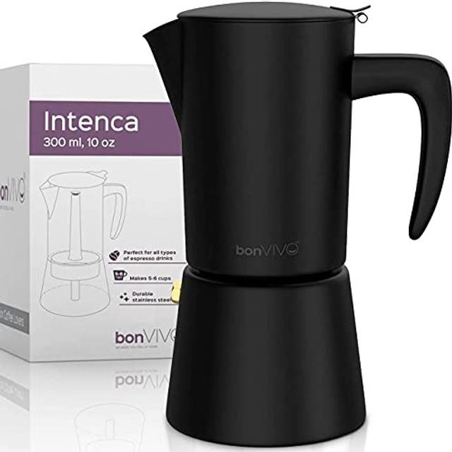 bonVIVO Moka Pot - 6 Cup Intenca Stainless Steel Espresso Maker w/Black Finish - Stove Top Italian Coffee Maker - 300ml Cup Coffee Pot - Gifts for Men