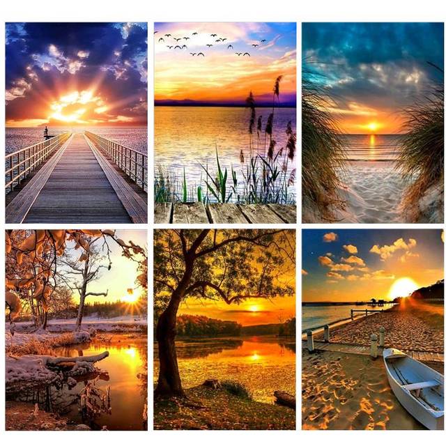 DIY Diamond Painting Setting Sun Landscape Cross Stitch Full Round Diamond Painting Rhinestones 20X30CM red