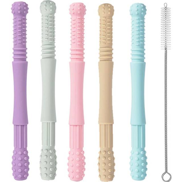 5Pcs Hollow Teething Tubes for Baby Soft Silicone Teether Baby Teething Toys with Cleaning Brush