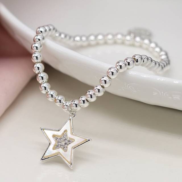 Pom Star Bracelet With Shell And Crystal Centre Silver Plated
