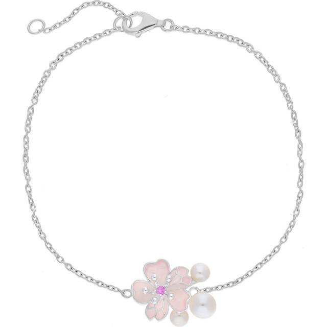 Sterling Silver Pearl & Pink Sapphire Cherry Blossom Flower Bracelet