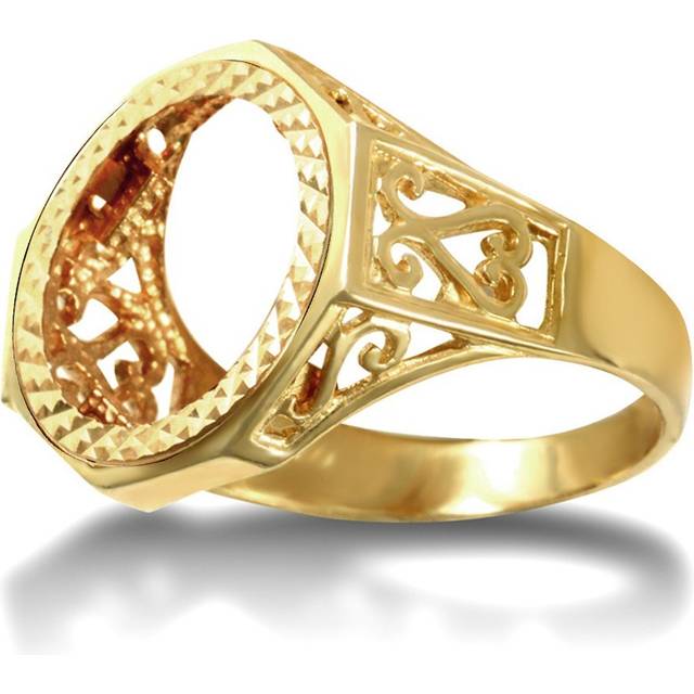 (K) Jewelco London Men's Solid 9ct Yellow Gold Octagon Scroll 10th Ounce Krugerrand Brittania Coin Mount Ring - JRN179-T