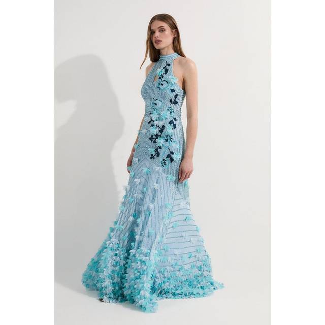 Crystal Applique Halterneck Woven Maxi Dress - Blue