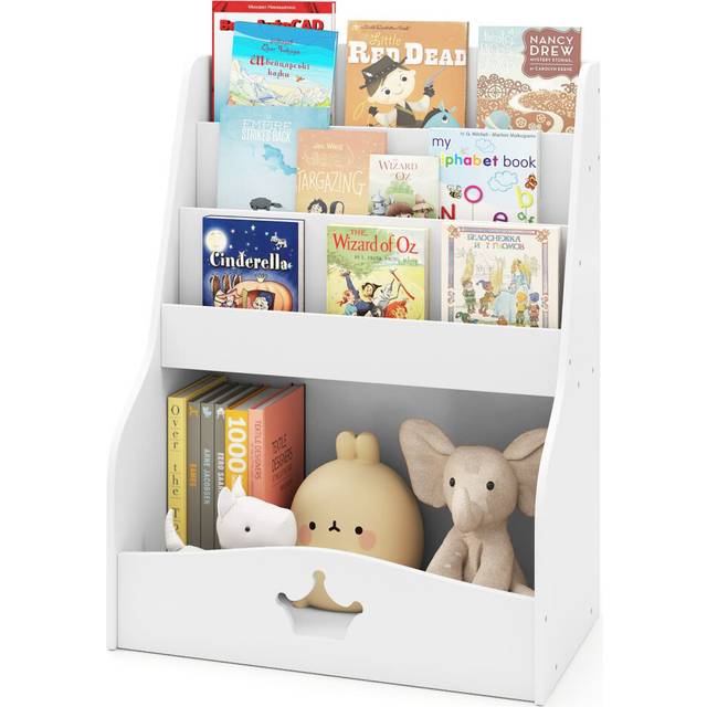 Kids Bookshelf Montessori Bookshelf With 3 Shelves & Open Compartment White