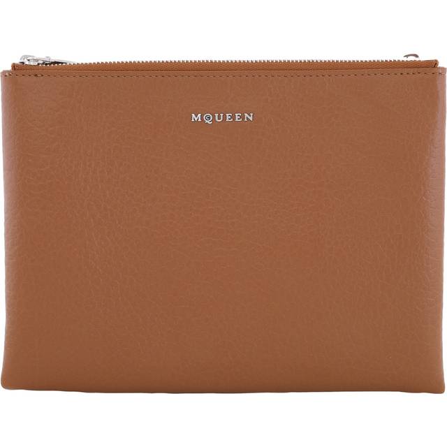 Alexander Mcqueen Ladies Pecan / Silver Logo-Plaque Clutch - Silver Tone (Dimension: 7.0000x7.0000x3.0000 inches)
