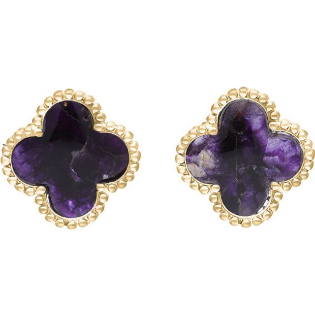 18ct Yellow Gold Blue John bloom Four Leaf Clover Ball Edge Stud Earrings