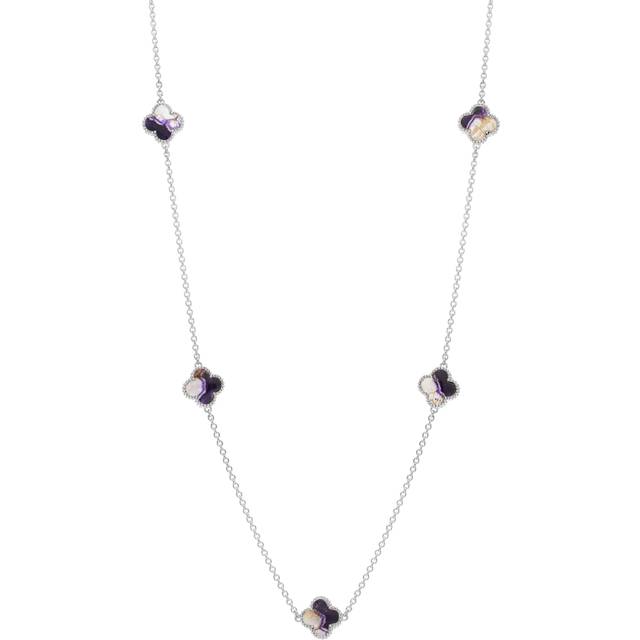 18ct White Gold Blue John bloom Four Leaf Clover Ball Edge Necklace