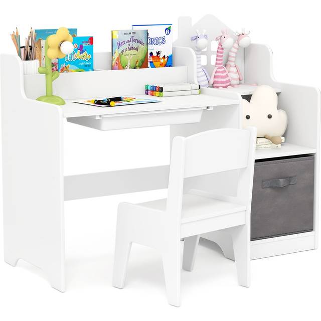 Kids Study Desk and Chair Set Children Study Table with Open Shelves-White