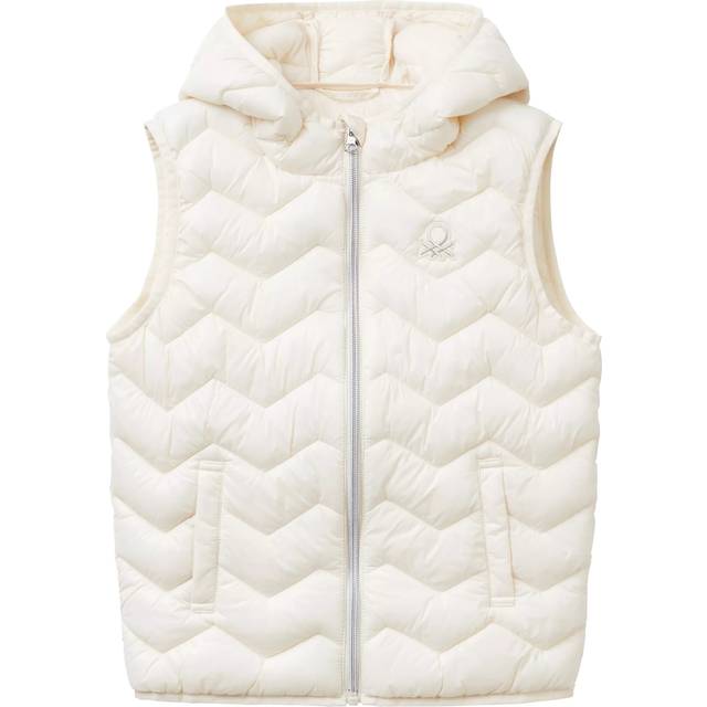 Benetton Kids' Zig Zag Quilted Hooded Gilet, White Cream