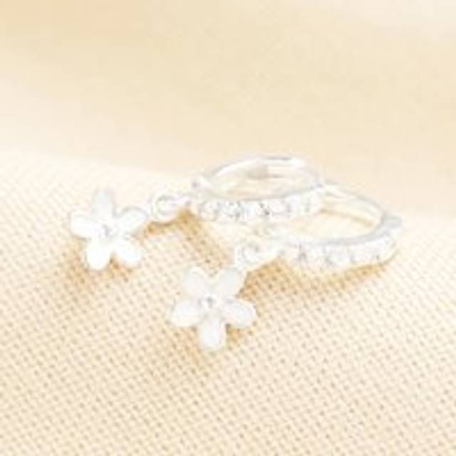 Sterling Silver Flower Crystal Huggie Hoop Earrings - silver - one size